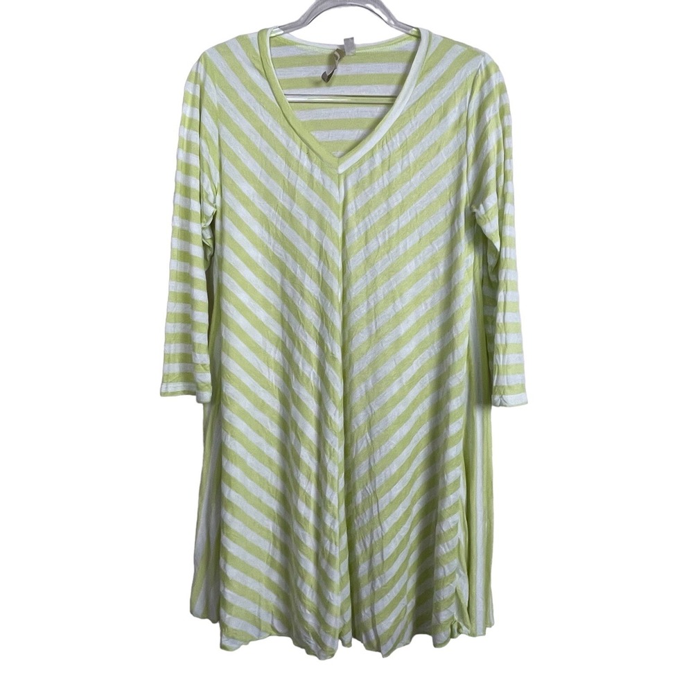 Comfy‎ USA Tunic Dress Women Medium Lime Green Striped V-Neck 3/4 Sleeve Coastal